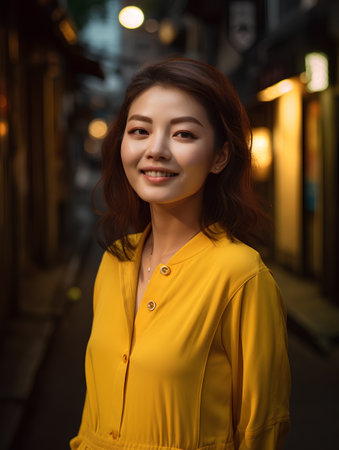Portrait of beautiful asian woman walking in the street at nightの素材