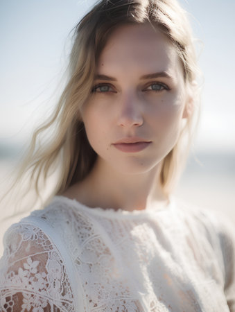 Portrait of a beautiful young woman on the beach. Soft focus.の素材