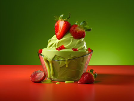 Ice cream with strawberries in a glass bowl on red and green backgroundの素材