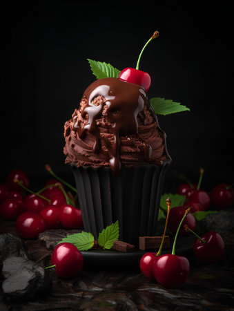 Chocolate cupcake with cherry and mint on a dark background.の素材