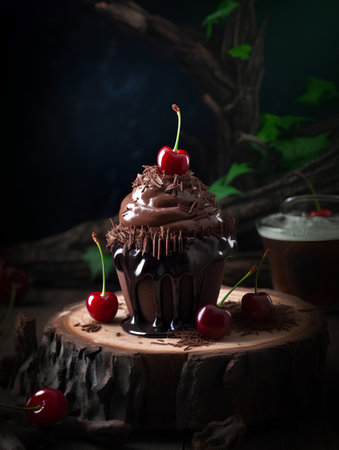 Chocolate cupcake with cherries on a wooden board. Dark background.の素材