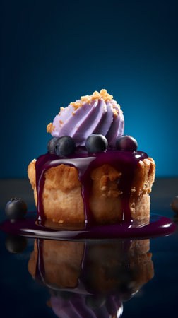 Cake with blueberries on a blue background. Selective focus.の素材