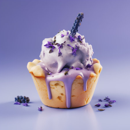 Cupcake with lavender ice cream and lavender flowers on violet backgroundの素材