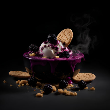 Ice cream in a bowl with blackberries and cookies on a black backgroundの素材