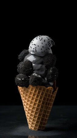 Blackberry ice cream in a waffle cone on a black backgroundの素材