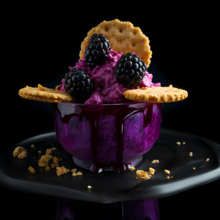 ice cream with blackberries and blueberries in a glass bowl on a black backgroundの素材