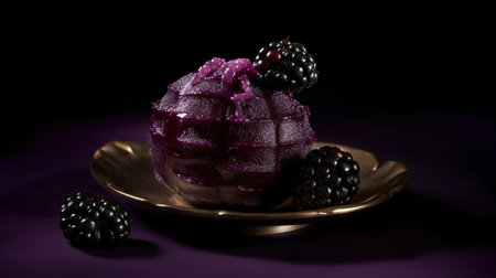 Blackberry ice cream with fresh blackberries on a dark background.の素材