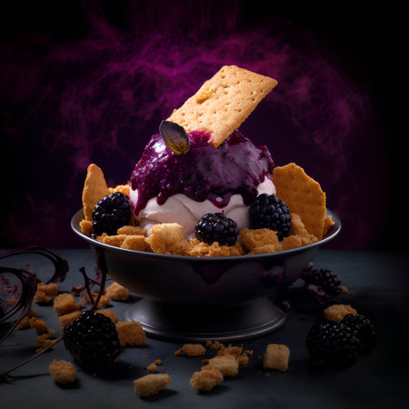 Ice cream with blackberries, raspberries and blueberries on black backgroundの素材