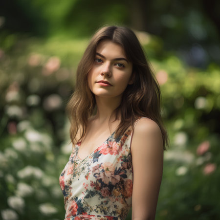 Portrait of a beautiful young brunette girl in the garden.の素材