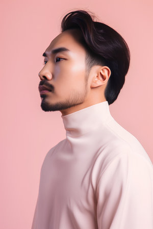 Portrait of a young asian man looking away on pink backgroundの素材