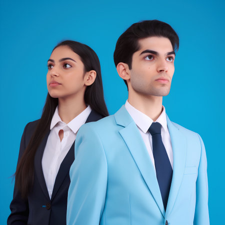 Portrait of two young business people looking up over blue background.の素材