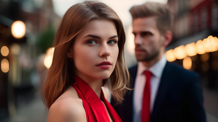 Portrait of a beautiful young woman in a red dress and a man in the backgroundの素材