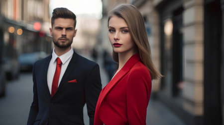 Portrait of a beautiful young couple in a red suit on a city street.の素材