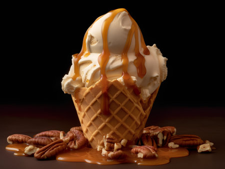 Vanilla ice cream with caramel sauce and pecan nuts on dark backgroundの素材