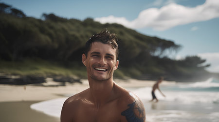 Portrait of a handsome young man on the beach smiling at the cameraの素材