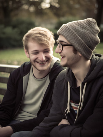 Portrait of two smiling teenagers sitting on bench in park and looking at each otherの素材