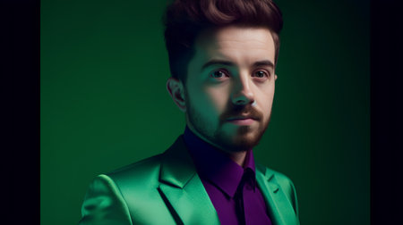 Handsome young man in a green suit. Studio shot.の素材