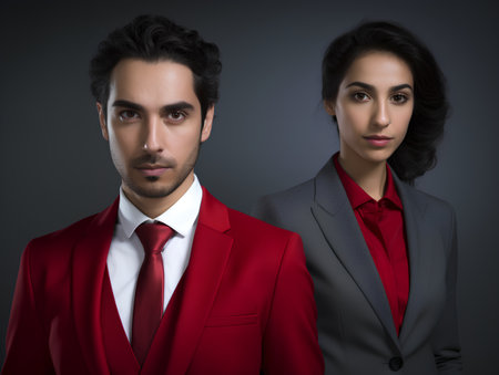Portrait of a young couple in a red suit on a dark backgroundの素材