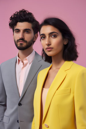 beautiful young couple in yellow suits looking at camera isolated on pinkの素材