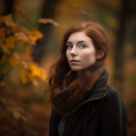 Redhead girl in autumn park. Shallow depth of field.の素材