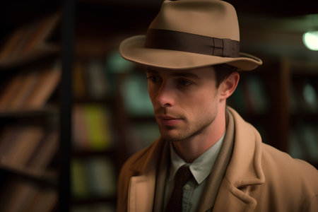 Portrait of a handsome young man wearing a hat and coat standing in a library.の素材