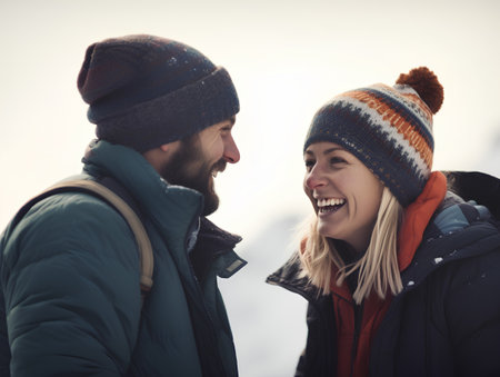 Happy couple in winter clothes laughing and looking at each other in the snowの素材