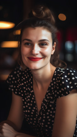 Portrait of a beautiful young woman sitting at a table in a cafeの素材