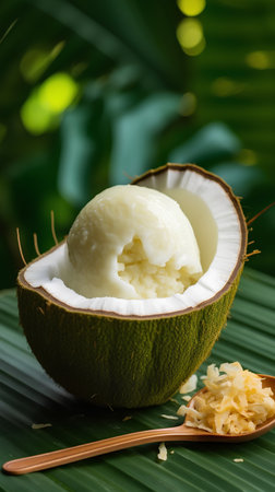 Coconut ice cream in coconut shell on green leaves background.の素材