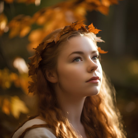Beautiful redhead girl with autumn leaves in her hair. Beauty, fashion.の素材