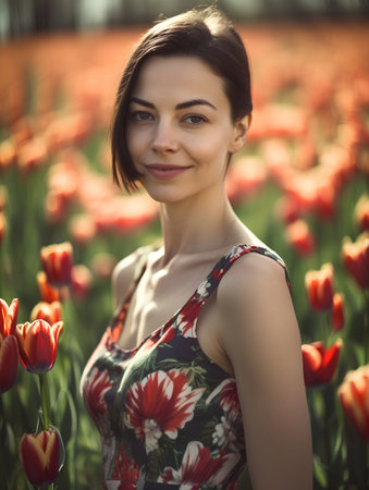 Portrait of a beautiful young woman in a field of tulipsの素材