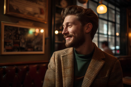 Handsome young man with a beard in a coat in a cafeの素材