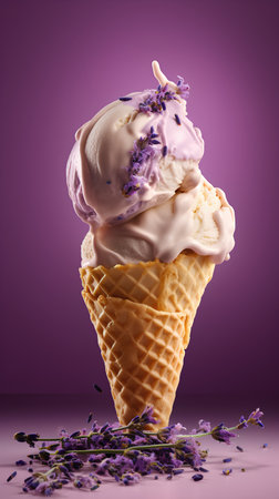 Ice cream in waffle cone with lavender flowers on purple backgroundの素材