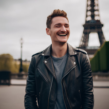 Handsome young man in black leather jacket standing near Eiffel tower in Paris, Franceの素材