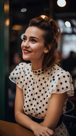 Portrait of beautiful young woman in polka dot dress sitting in cafe.の素材