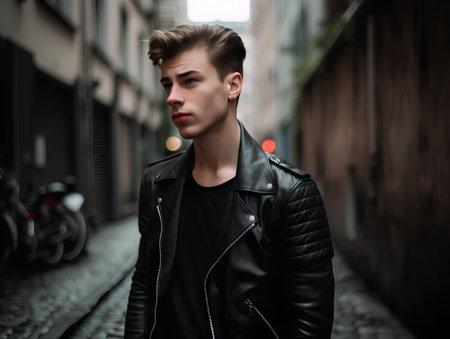 Portrait of a handsome young man in a black leather jacket on the street.の素材