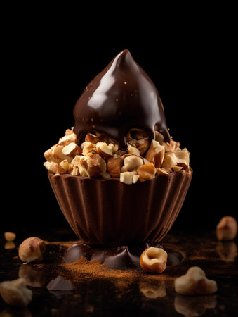 Chocolate candies with hazelnuts on a black background.の素材