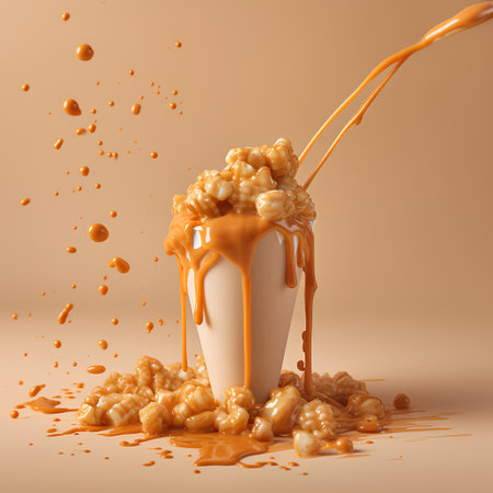 Pouring caramel sauce into a cup of popcorn. 3d renderingの素材