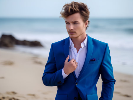 Portrait of a handsome young man in blue suit on the beachの素材
