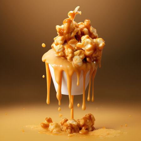 Popcorn with caramel on a brown background. 3d rendering.の素材