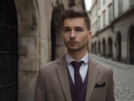 Portrait of a handsome young man in the city. Men's beauty, fashion.の素材