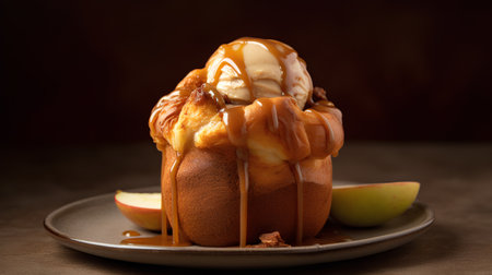 Baked apple with caramel sauce and ice cream on a dark backgroundの素材