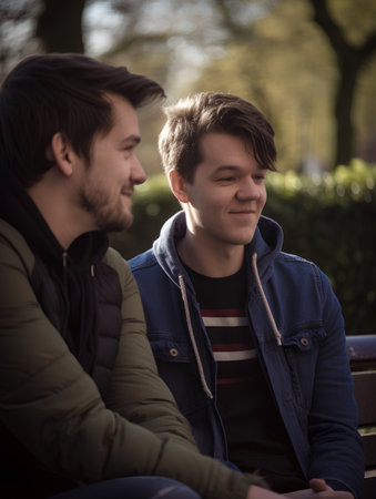 Two young men sitting on a bench in a park looking at each otherの素材