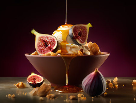 Fruit salad with ice cream, figs, walnuts and honey on a dark backgroundの素材