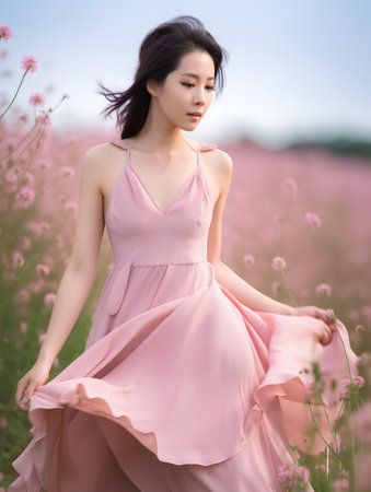 A shot of a beautiful asian woman in pink dress in the fieldの素材