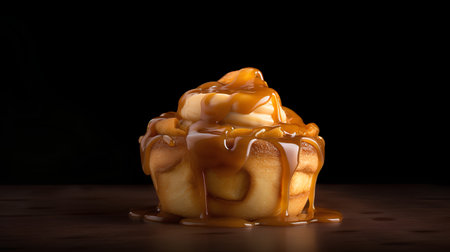 Cupcake with caramel sauce on a wooden table, black backgroundの素材