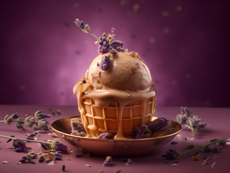 Lavender ice cream with lavender flowers on a purple backgroundの素材