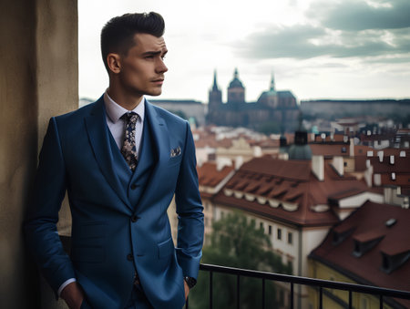 Portrait of a young handsome man in a blue suit against the background of the old city.の素材