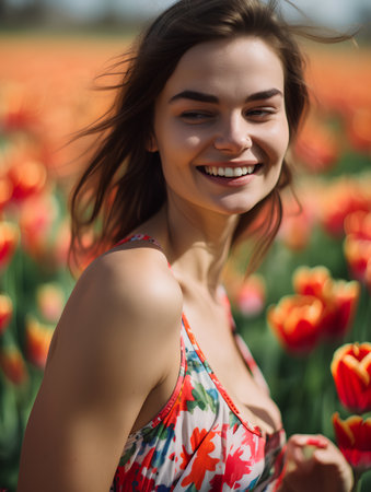 Portrait of a young beautiful woman in a field of tulipsの素材