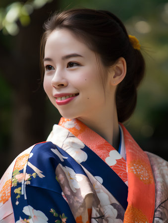 Beautiful asian woman wearing kimono in japanese styleの素材