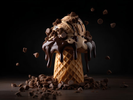 Chocolate ice cream in waffle cone with chocolate pieces on dark backgroundの素材